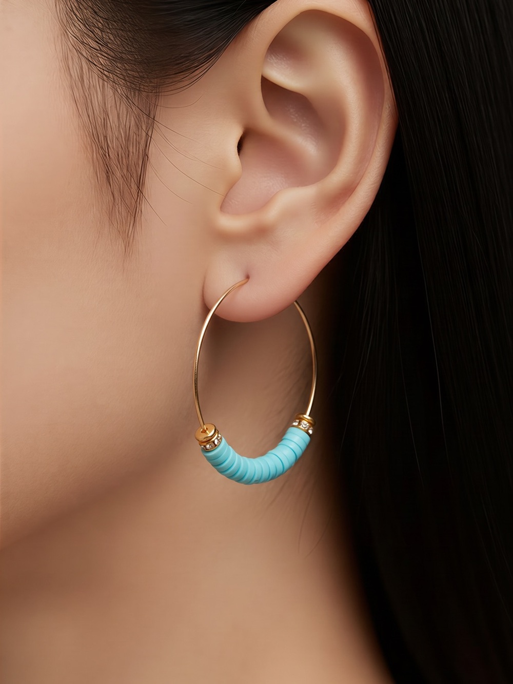 Gold Hoop Earrings with Turquoise Bead Accents - Women Jewelry☑️